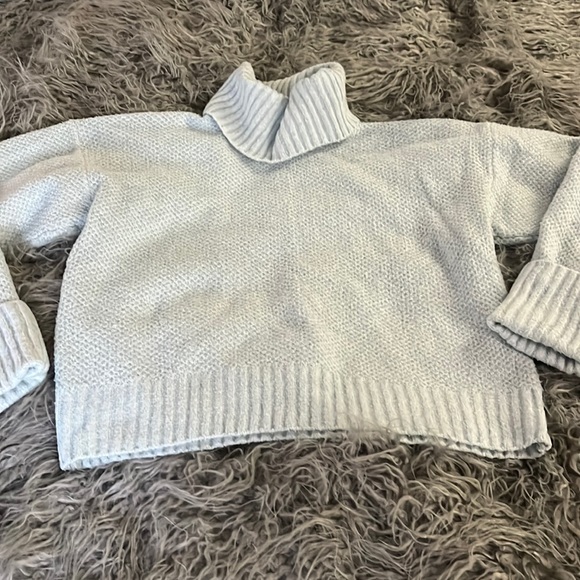 Powder blue soft turtleneck sweater L rolled cuff inside out knit pink rose - Picture 1 of 7